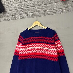 Kingsport Mens Vintage Fair Isle Crewneck Sweater Navy Blue Red White Small